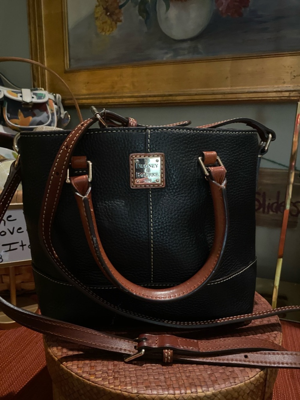Dooney & Bourke Black Leather Satchel with Brown Trim and Strap (38)